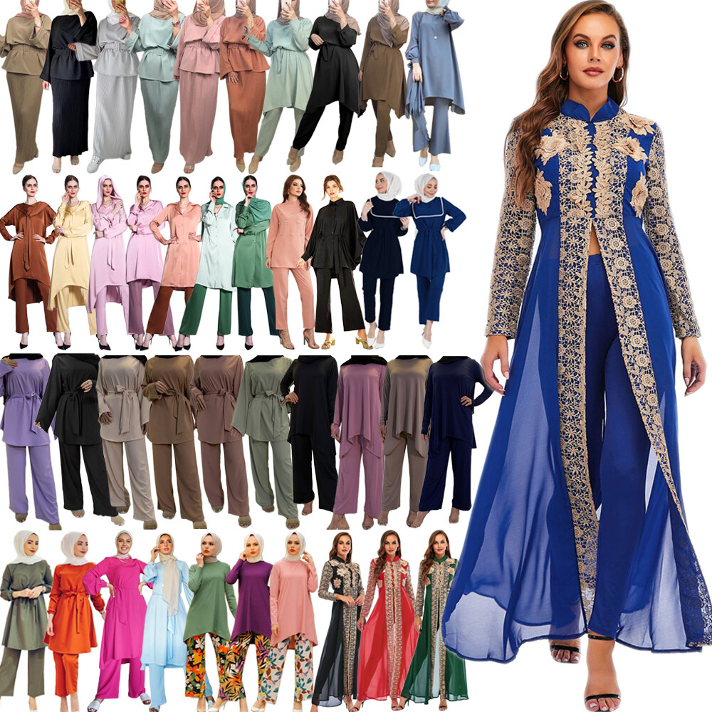 Women Long Tops Pants Set Muslim Abaya Dress Skirt Dubai Kaftan Islamic Clothing