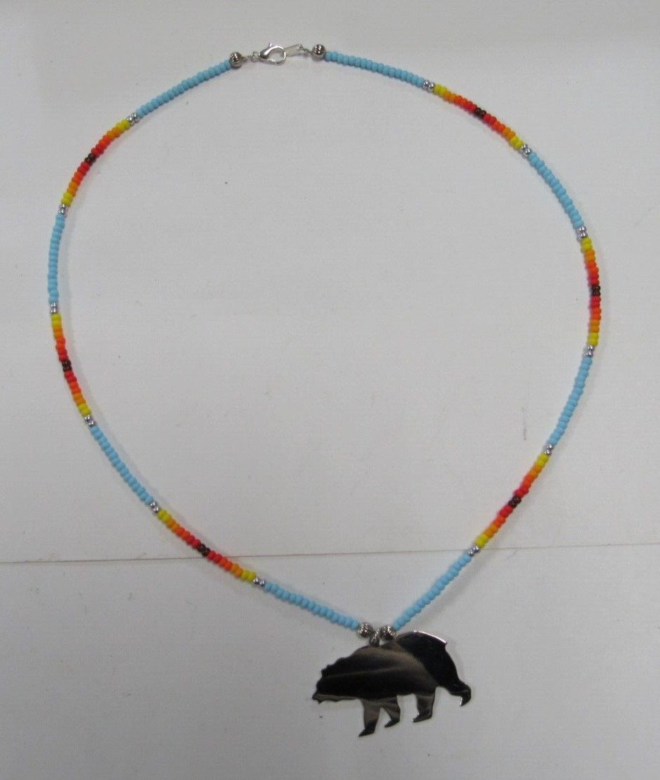 Native American Seminole Handmade Bear Fetish Nickel Silver Necklace C Johnson