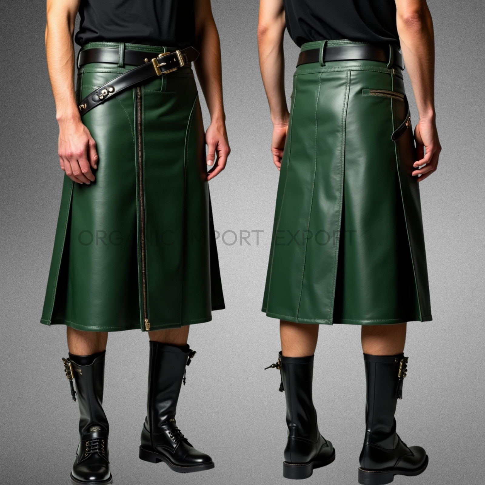 Men’s Green Leather Kilt – Long Gothic Warrior Utility Skirt with Belt & Sporran