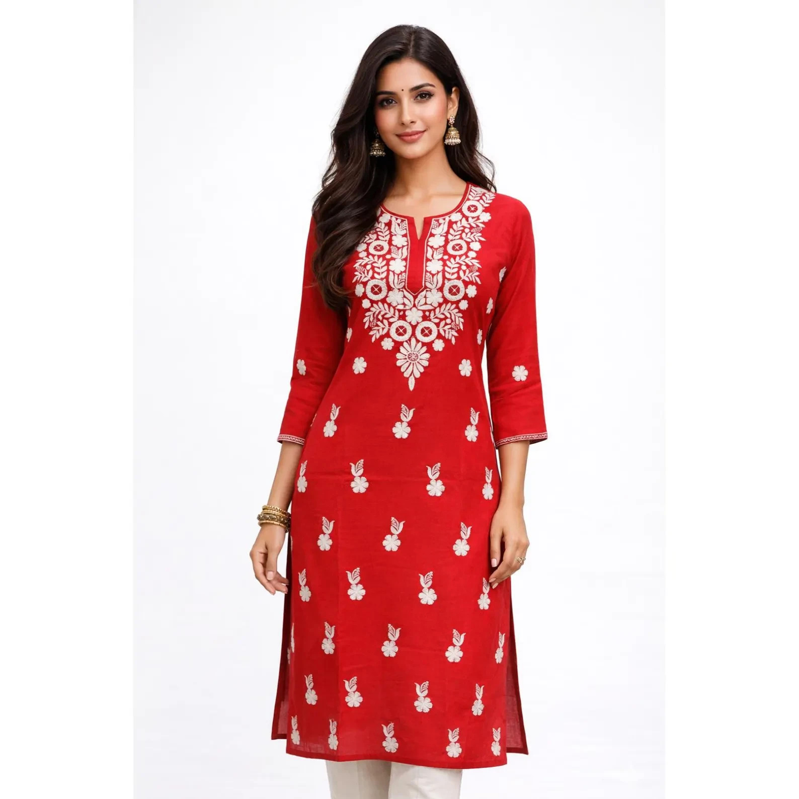 Red Chikankari Cotton Kurti Hand Embroidered Straight Cotton Kurti for Women