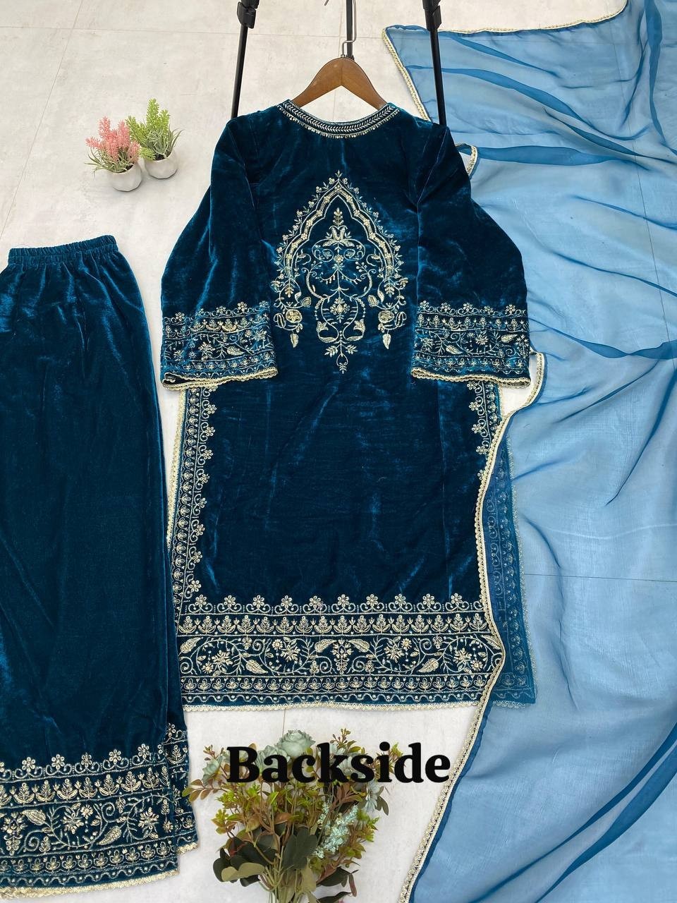 Stunning Look Velvet Teal Blue Palazzo Suit With Dupatta For Functional Wear