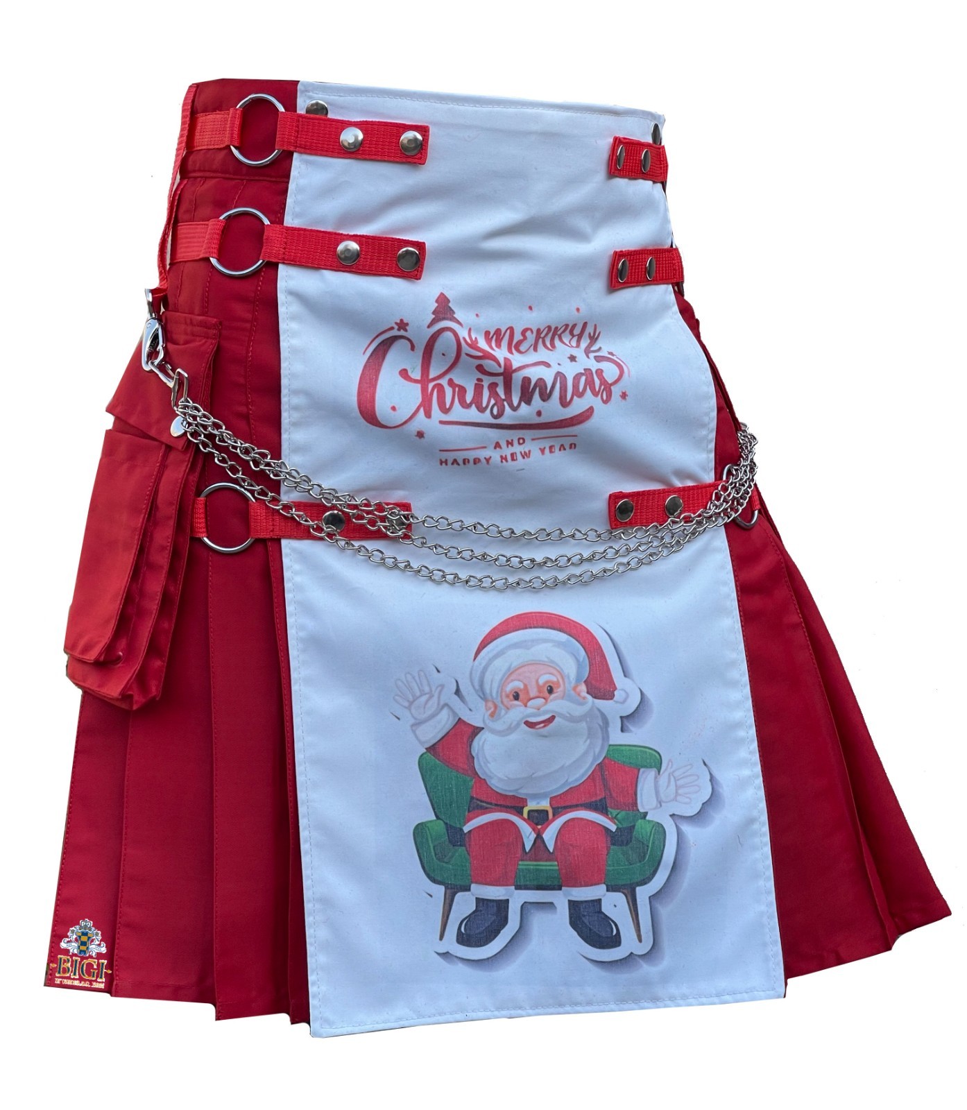 Men’s Red Christmas Kilt with White Santa Skirt, Christmas Nylon Waistbands,