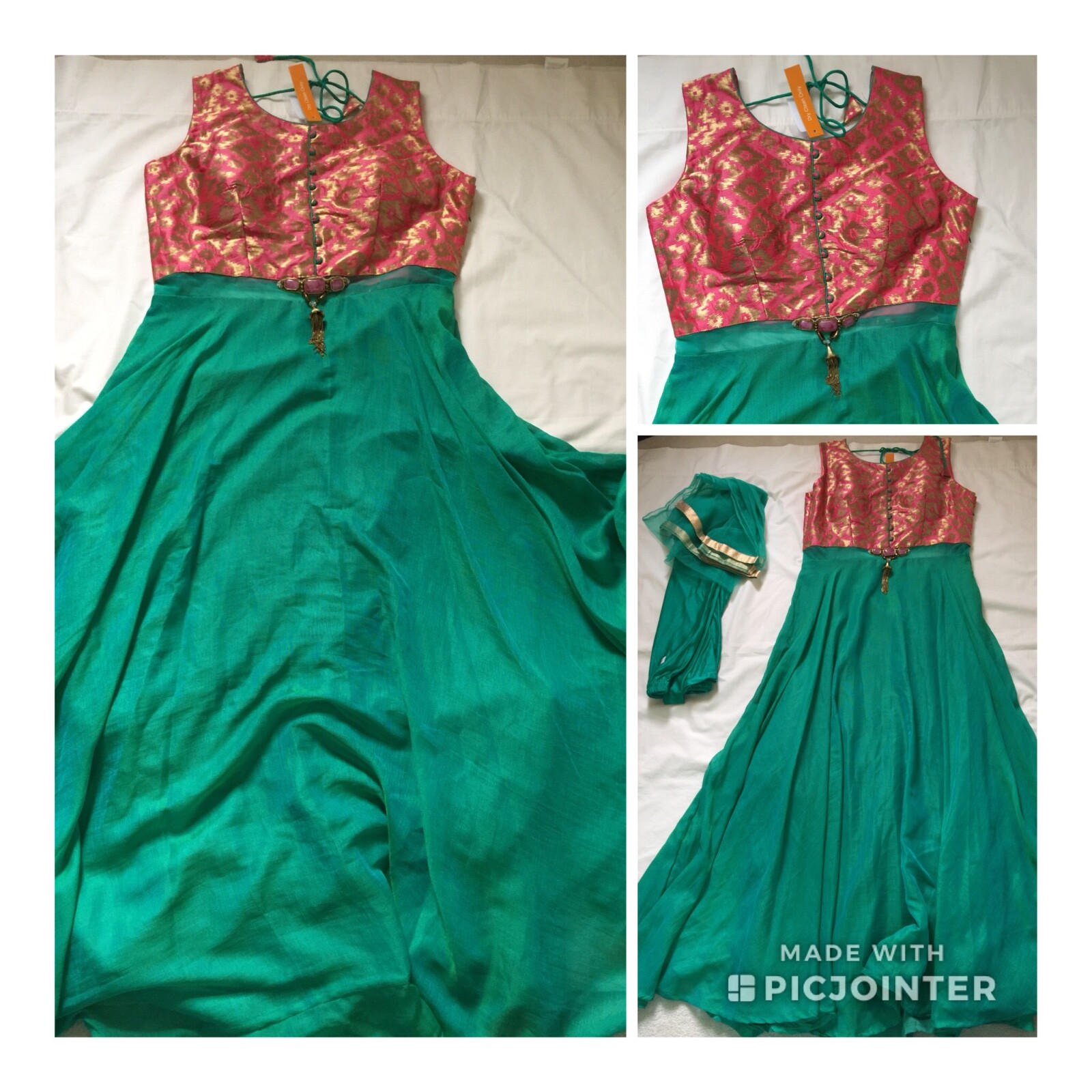 NWT Designer Green Brocade Linen Silk Gown PROM Party with Scarf 2pc FREE