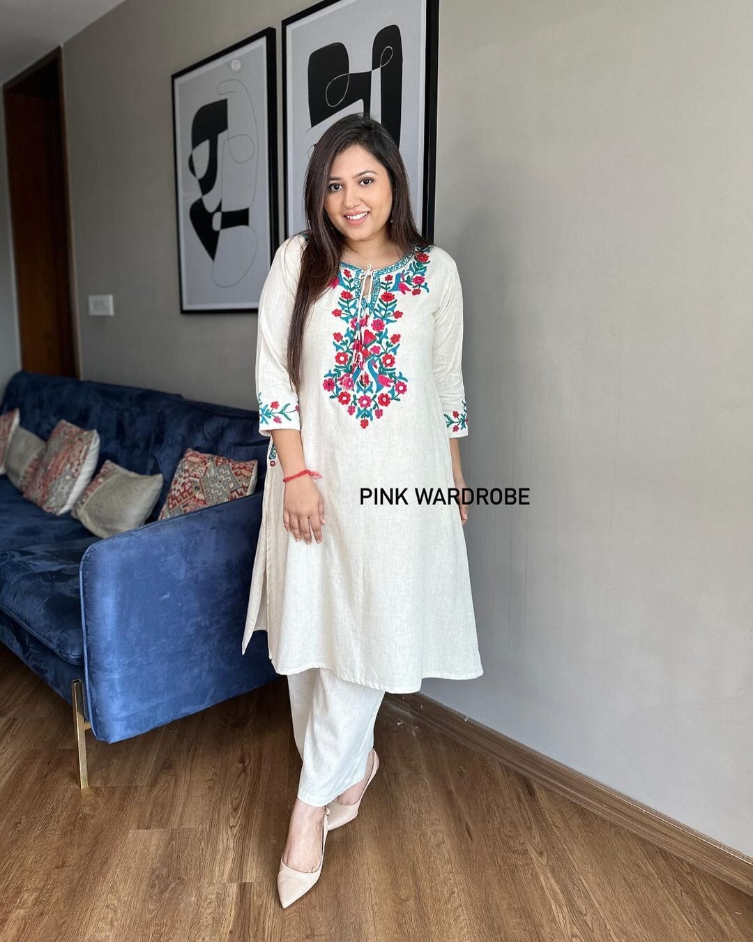 Beautiful Cotton Slub Kurta Palazzo Set Indian Women Party Wear Tunic Kurti
