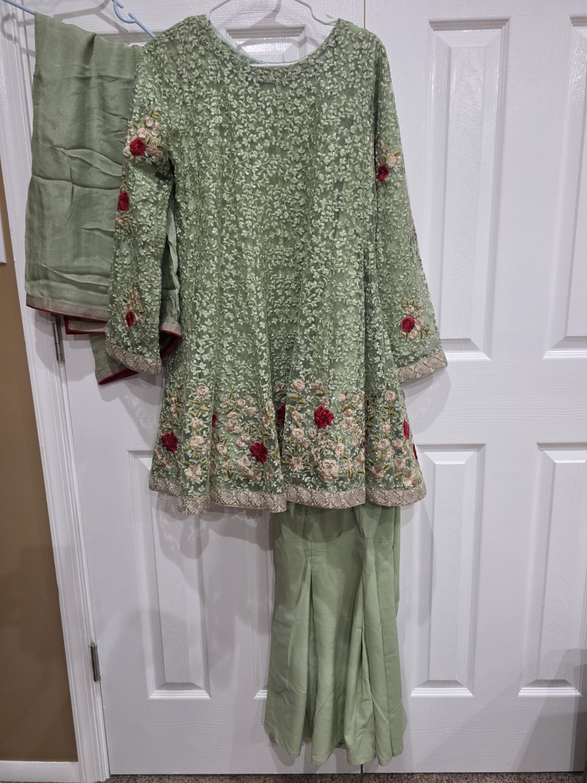 Pakistani 3Pc Embroidered Net Suit Green Gharara Kameez Wedding Party Size M