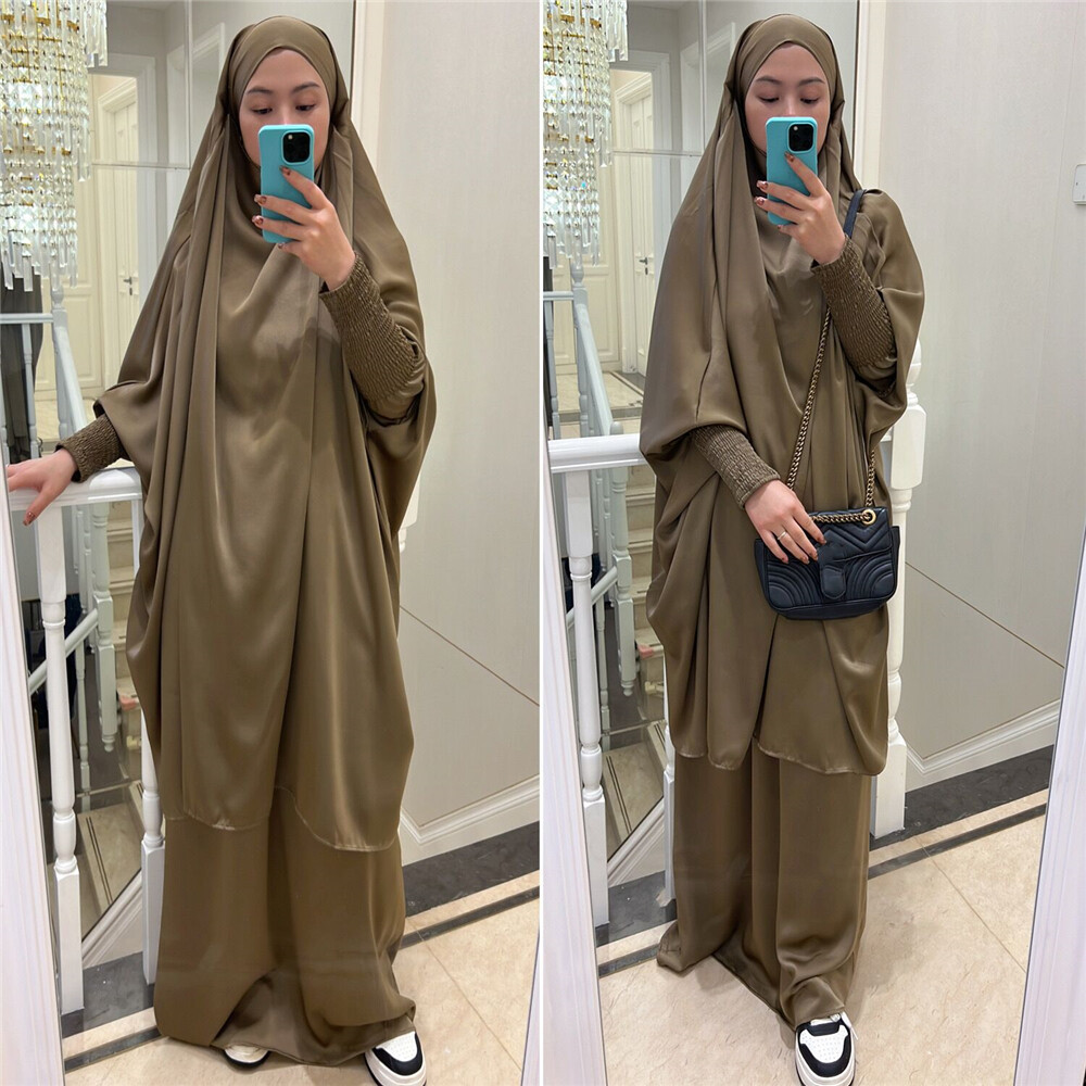 2pcs Muslim Women Prayer Dress Overhead Maxi Hijab Khimar Dress Abaya Arab Set