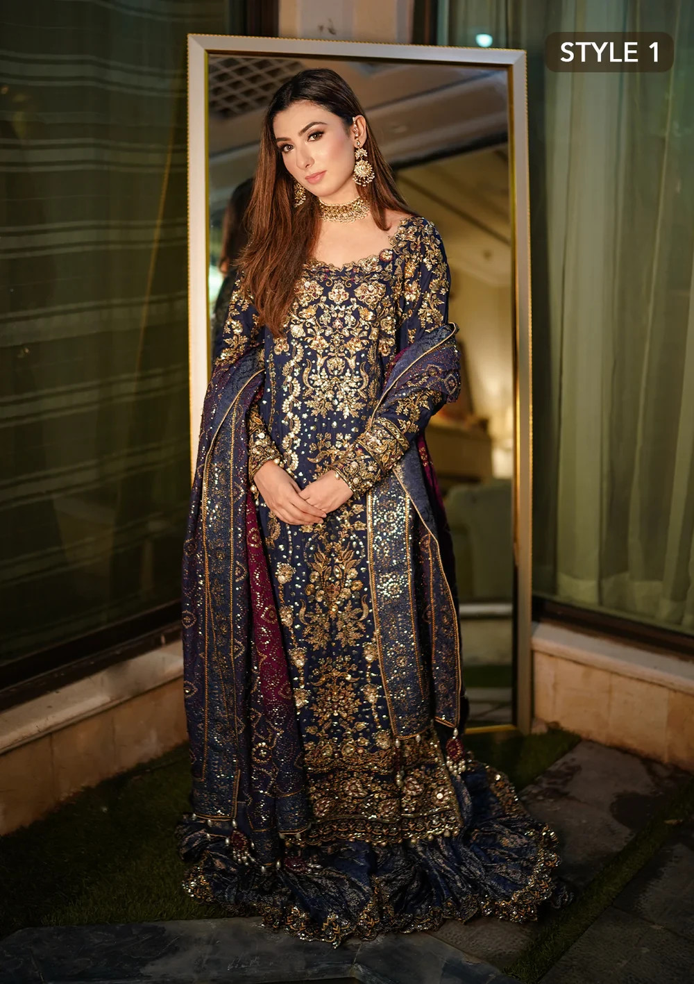 dark blue color hand embroidered wedding bridal long dress