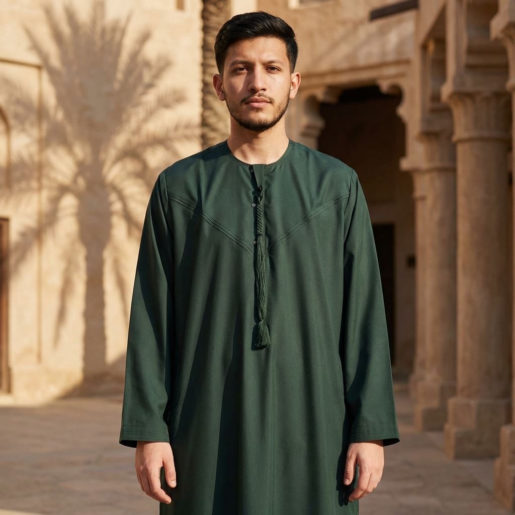 Men’s Olive Green Tassel Thobe Emirati Omani Jubba Islamic Clothing Zipped Eid