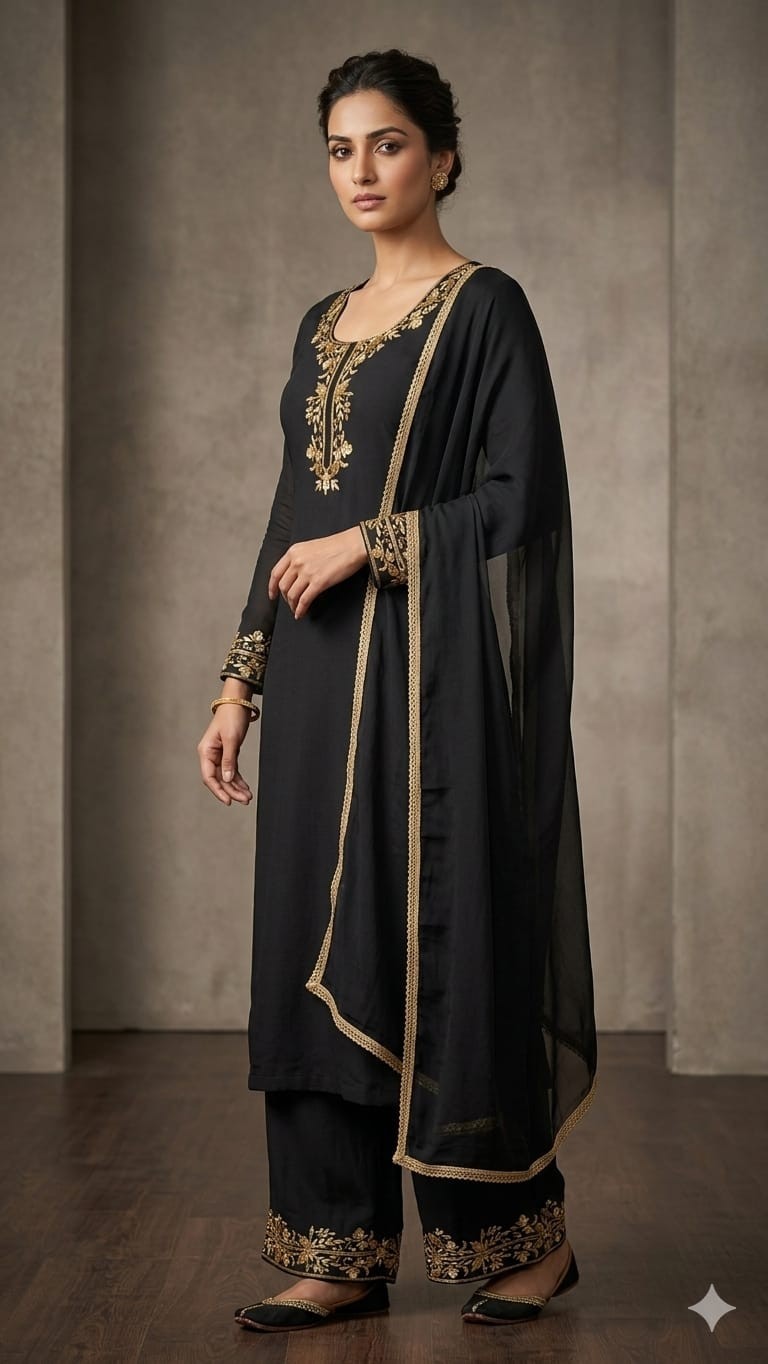 Black Hand Embroidered Salwar Kameez Set for Women | Custom Stitched Suit |…