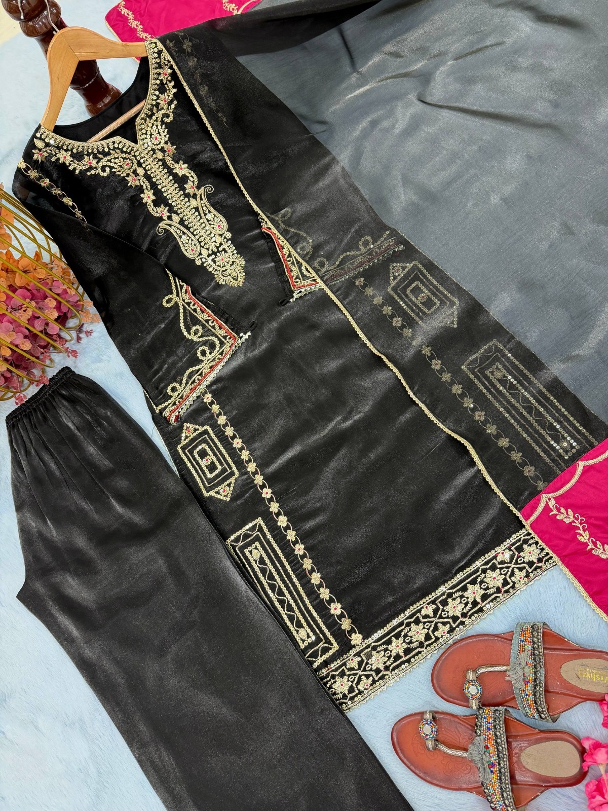 New Presenting Silk Black Salwar Kameez With Dupatta For Indian Festival Wear