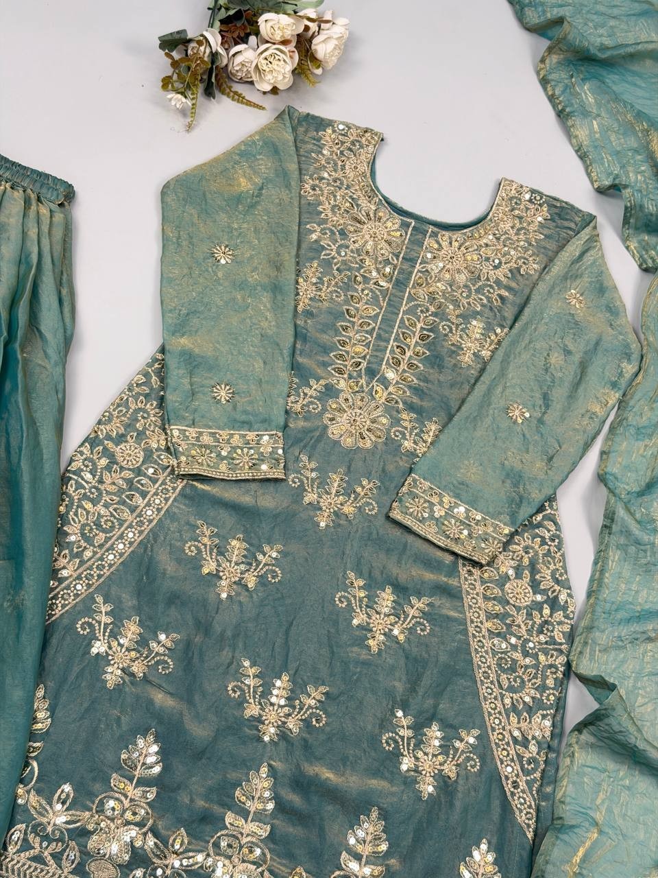 Designer Pakistani Readymade Silk Sharara Suit Embroidery Dupatta Set