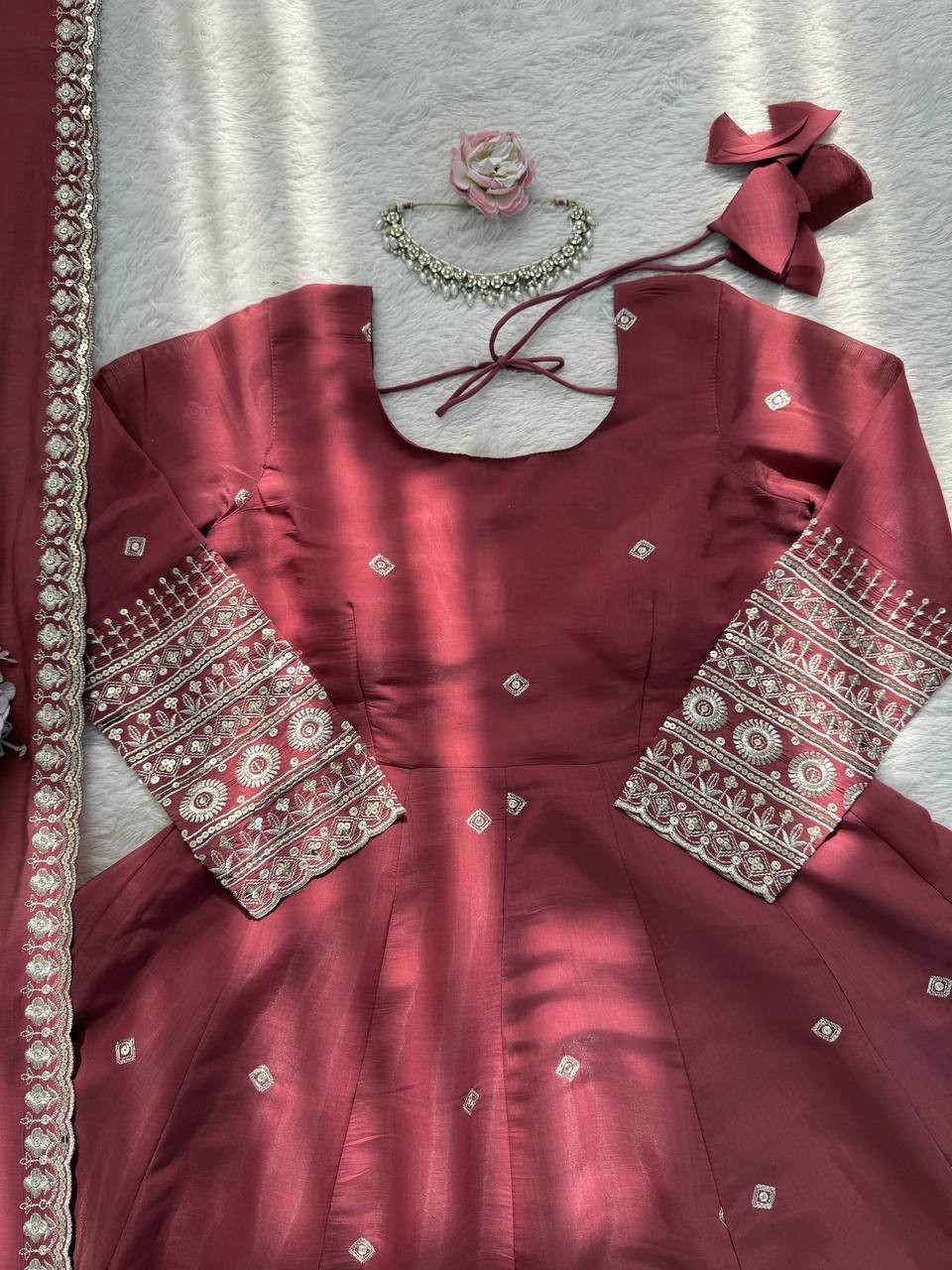 Latest Mul Chanderi Silk Maroon Gown Bottom With Dupatta For Festive Wear