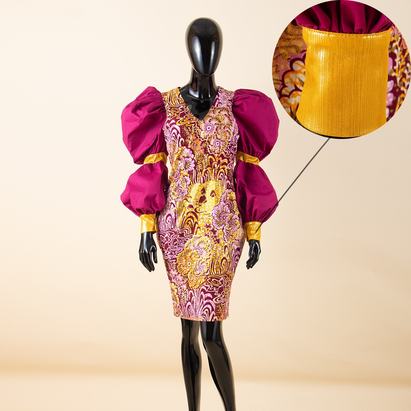 African Women’s Ankara Printed V-Neck Puff Sleeve Knee-Length Dress Patchwork