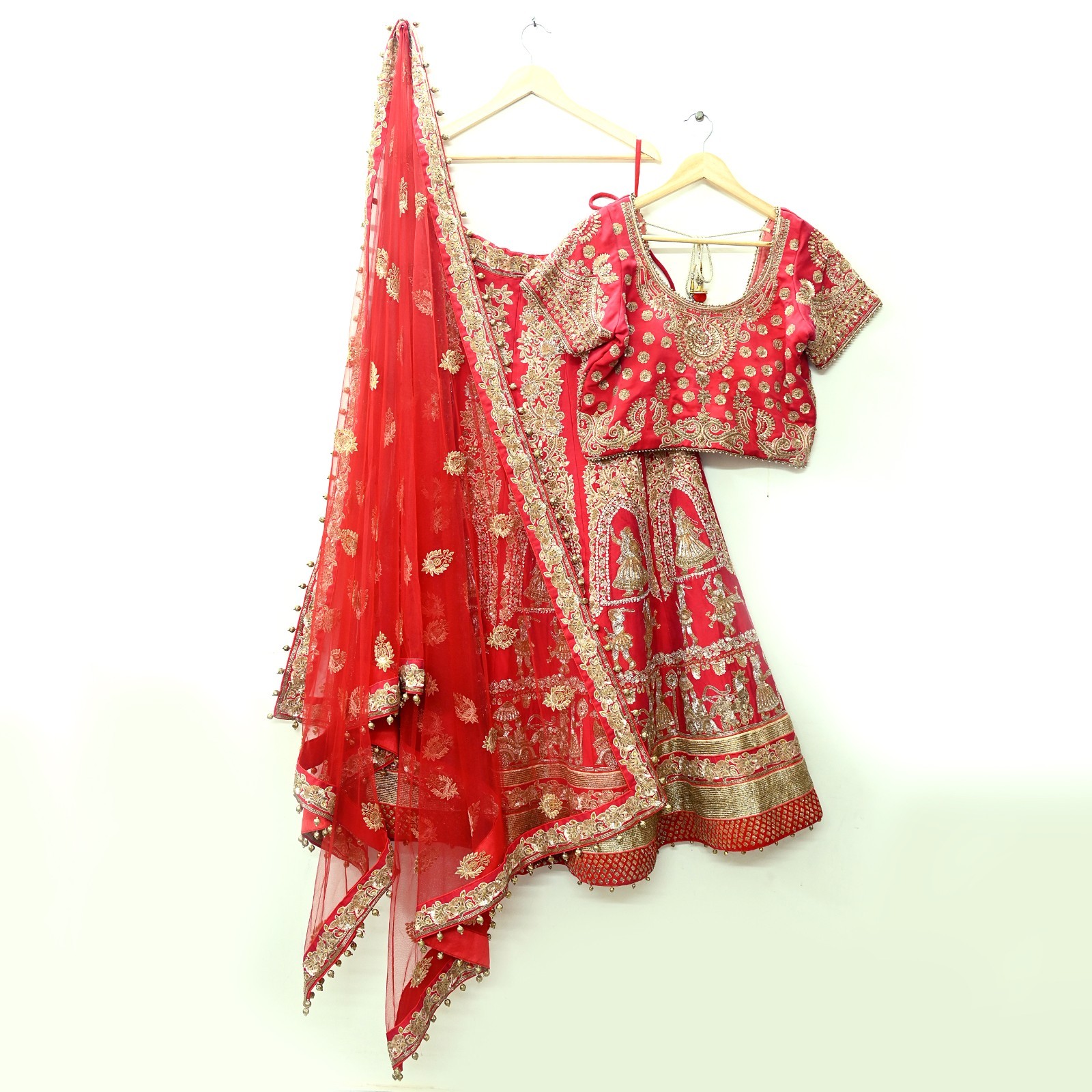 Indian Wedding Red Net/Satin Silk Hand Embroidered Designer Lehenga 3pcs set