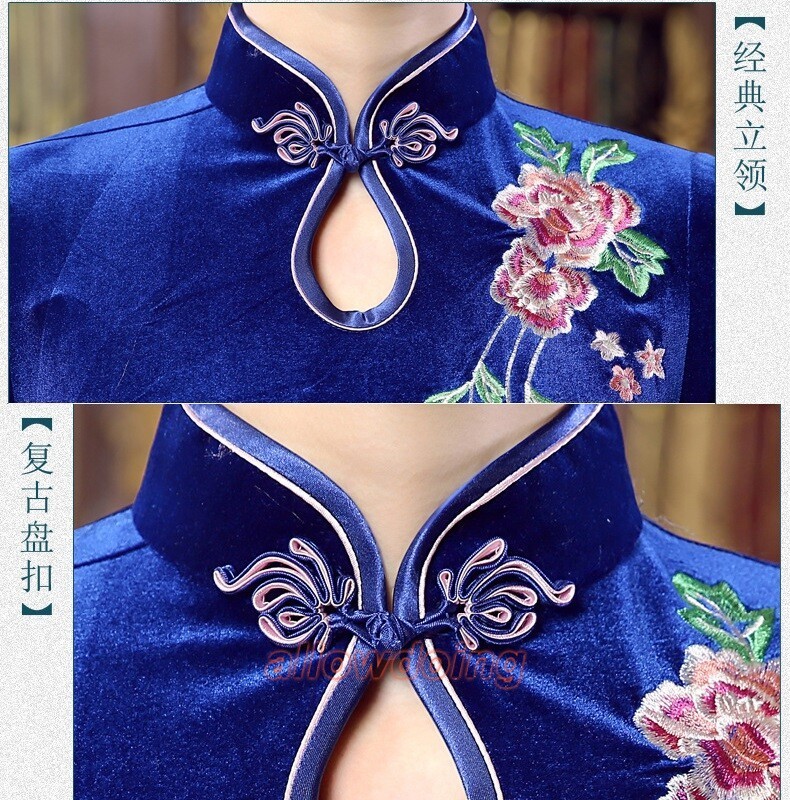 Chinese Traditional Velvet Qipao Dress Women Evening Gowns Embroidery Cheongsam