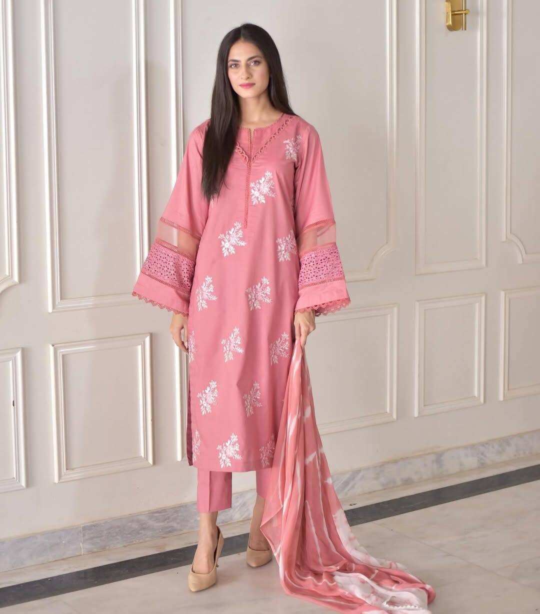 Fashionable Pink Roman Silk Salwar Kameez With Dupatta For Engagement