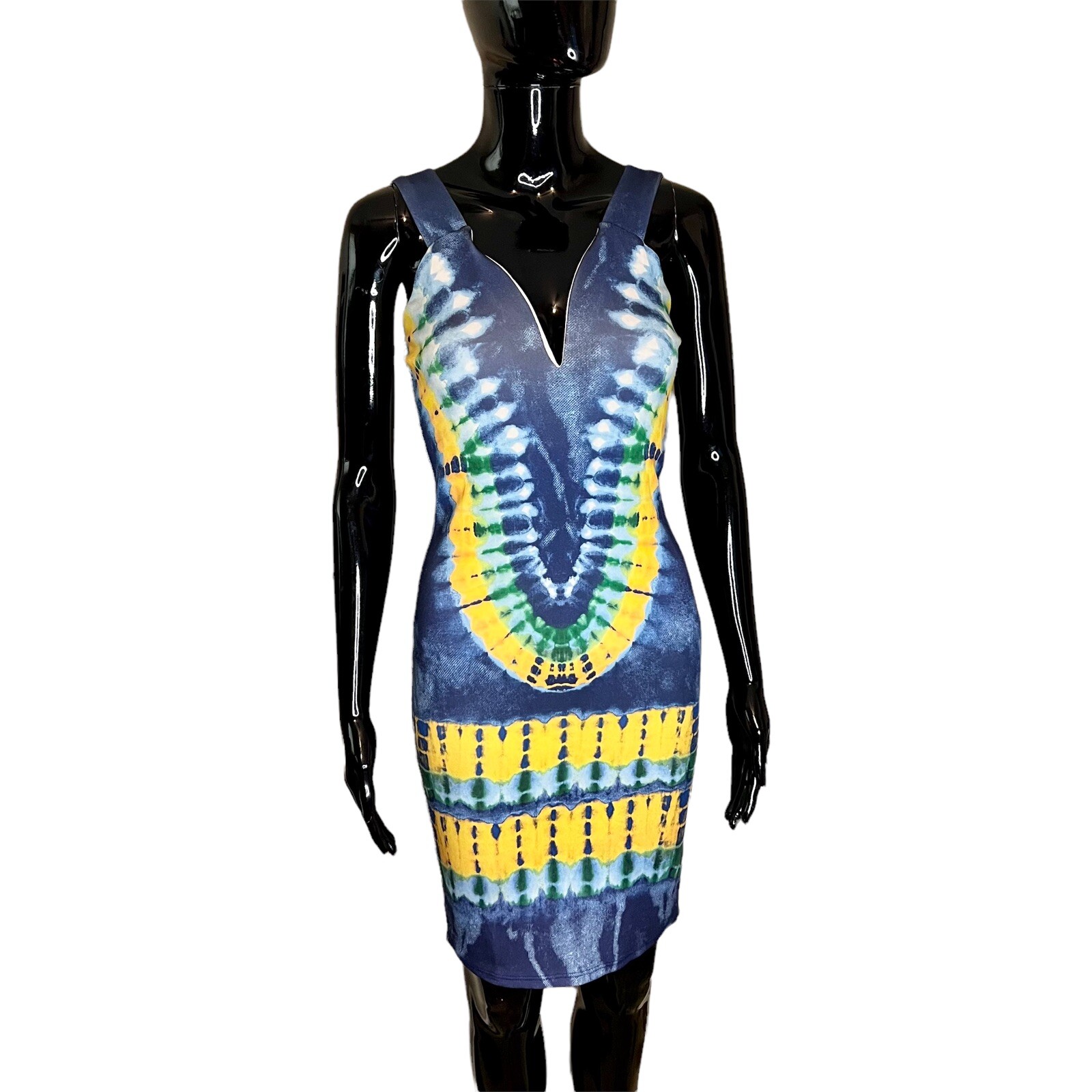 African Women Dashiki Blue and Yellow Stretchy Dress
