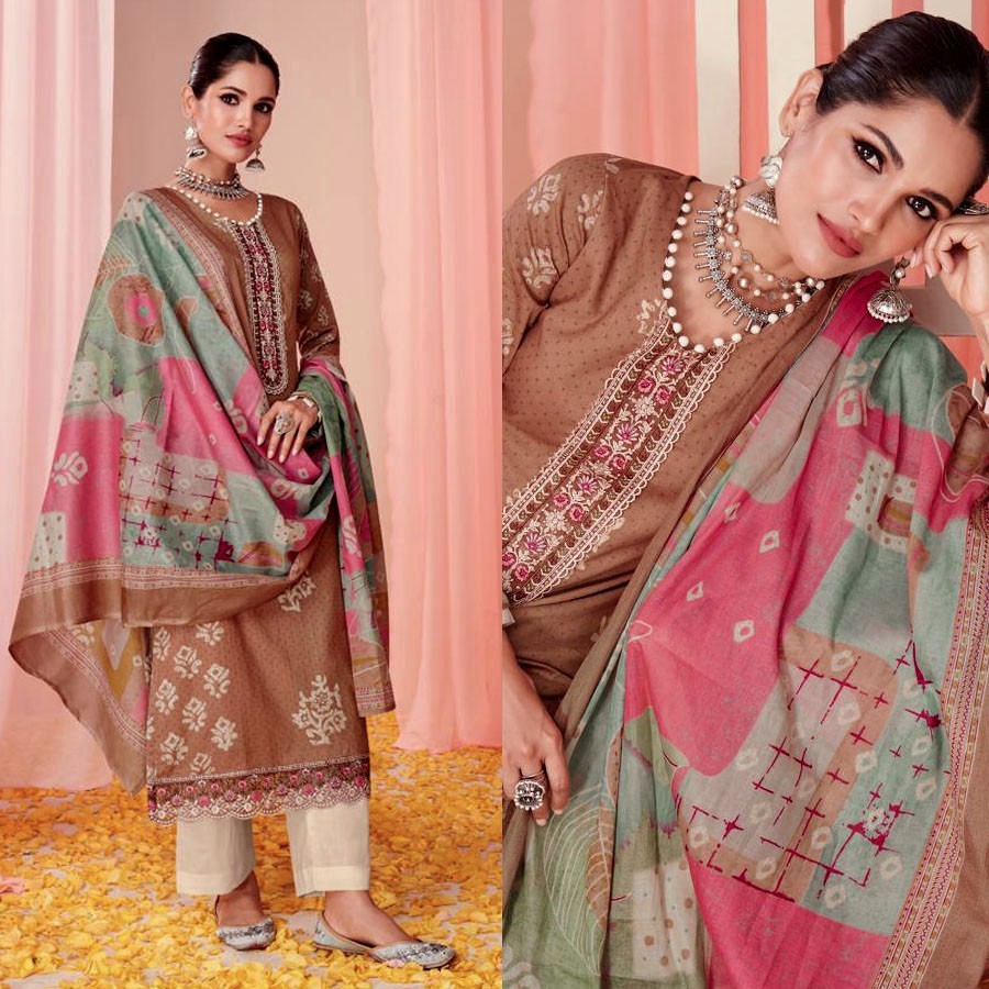BROWN BATIK PRINTED COTTON INDIAN PAKISTANI READYMADE SALWAR KAMEEZ SUIT SNJ