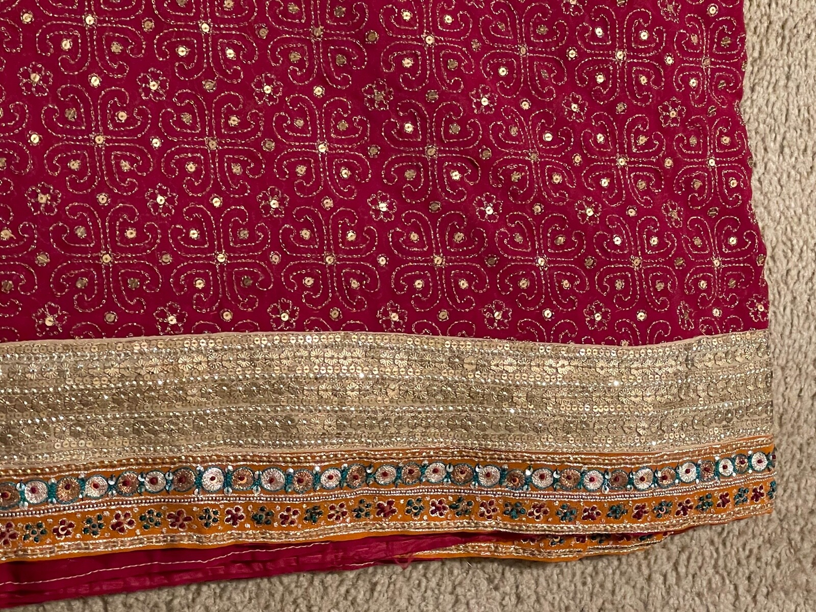 Women’s Vintage Ethnic Indian Silk Sari Wrap Saree Dress Red & Gold Sequins
