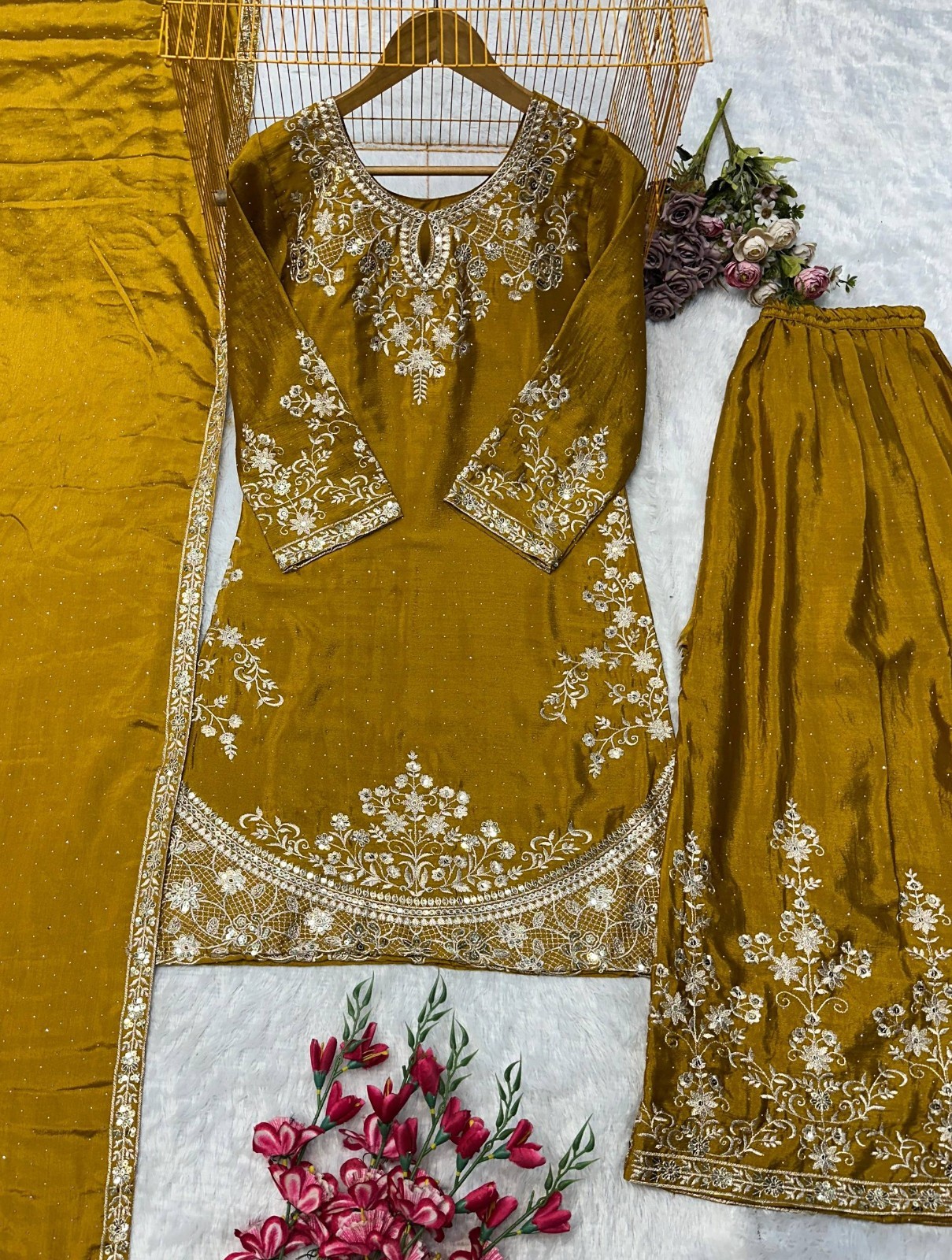 New Reception Wear Yellow Chinon Silk Kurta Palazzo With Dupatta For Women