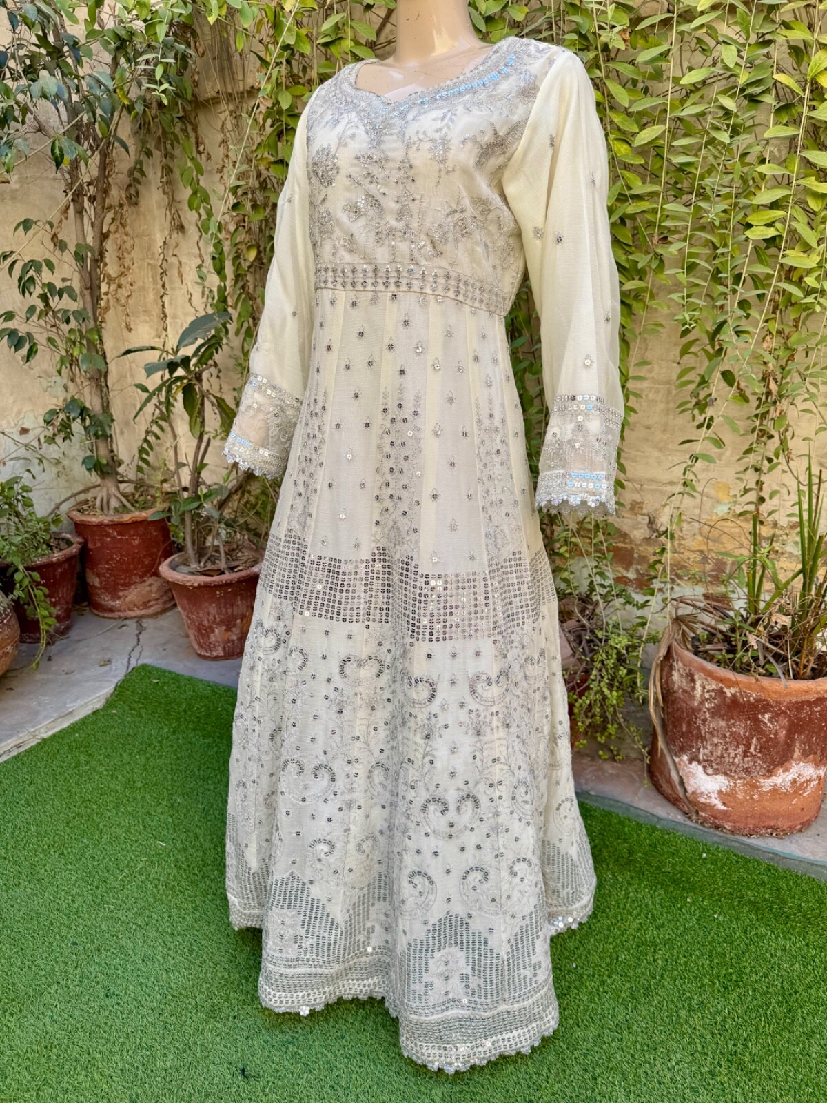 Pakistani Egg Shell White Long Maxi Style Embroidered Sequins Chiffon Dress,XL#1