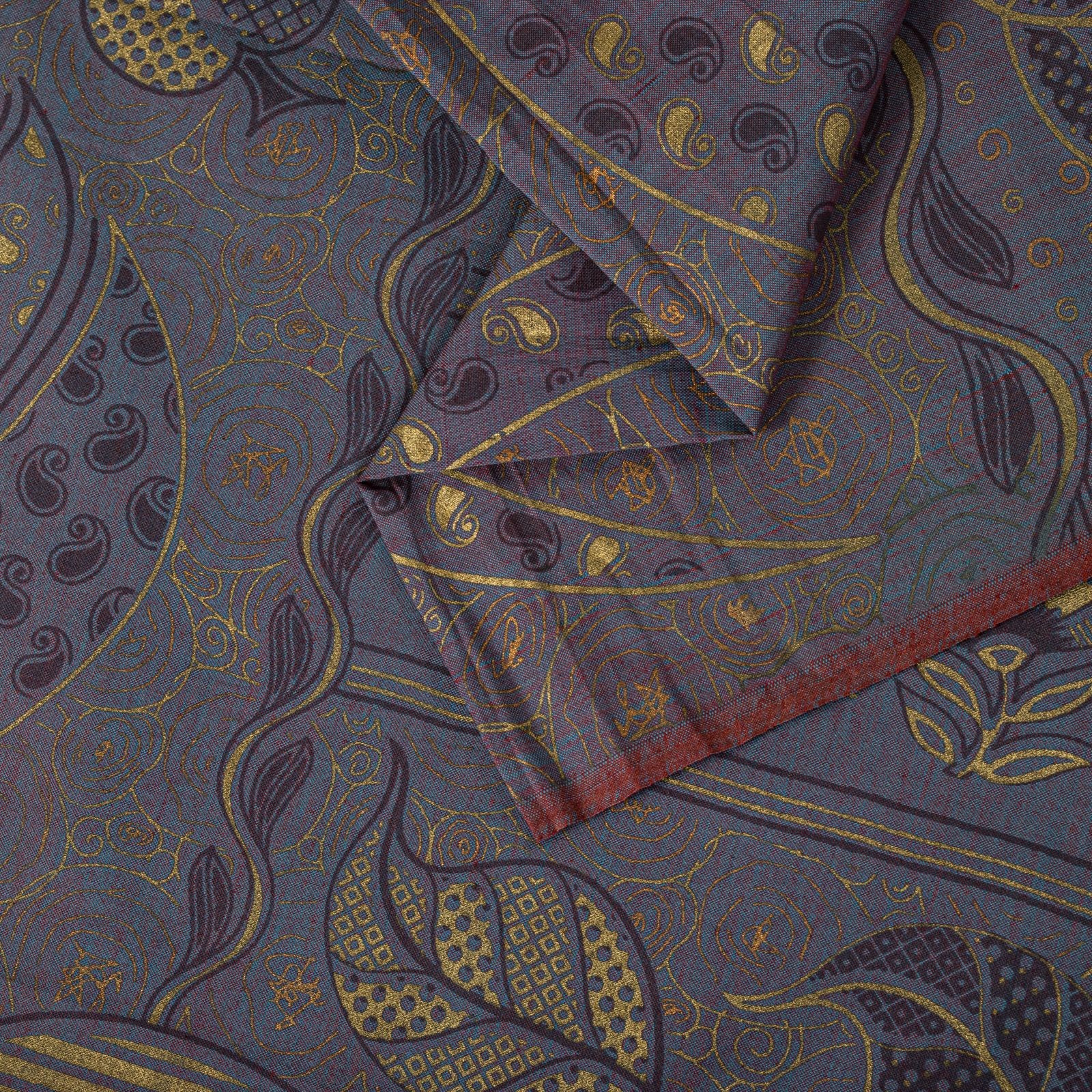 Sanskriti Vintage Saree Grayish Blue Blend Cotton Golden Paint Craft Fabric Sari