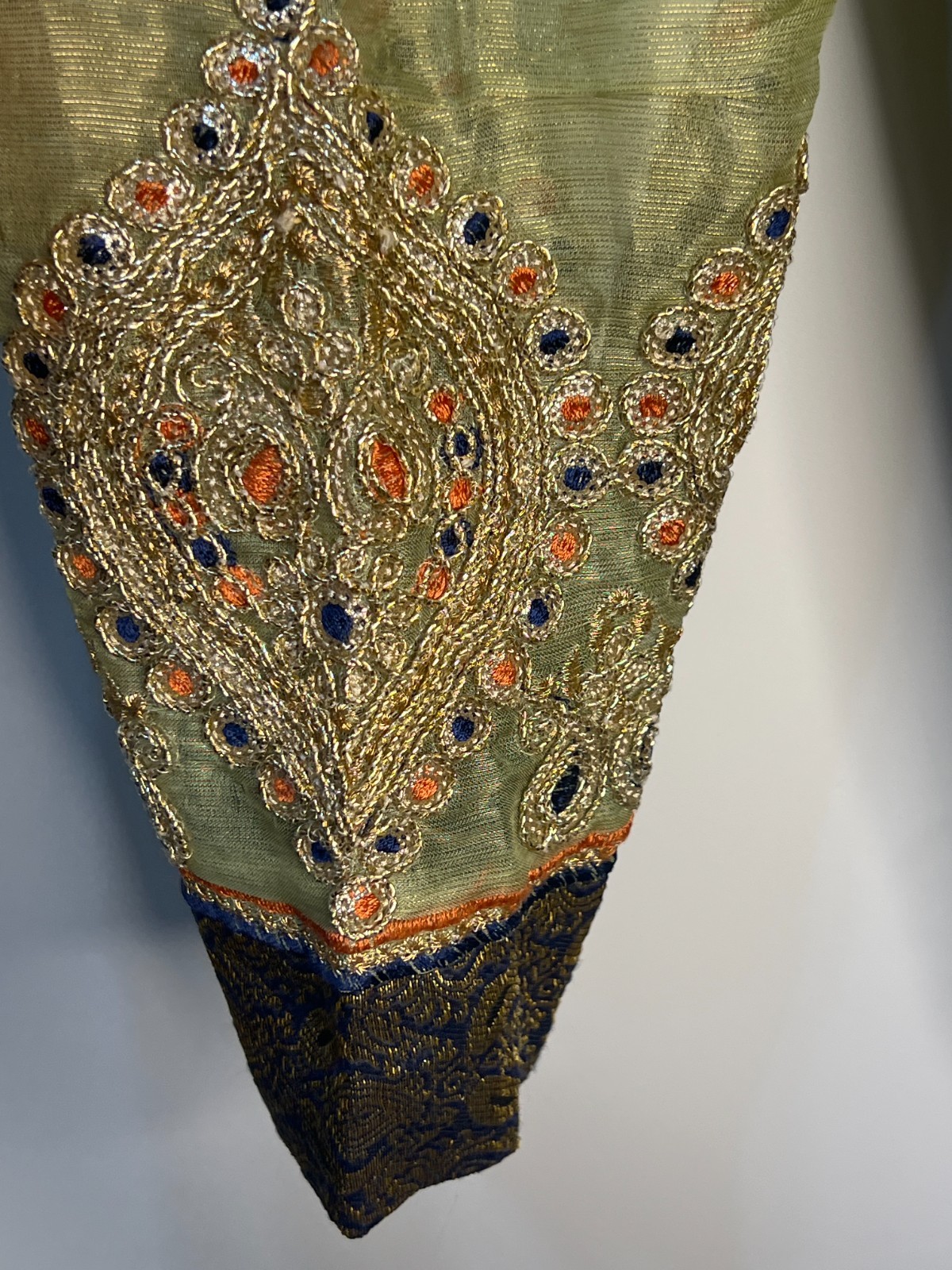 Indian Embroidered Kurta Tunic Olive Green Gold Beaded Formal Preowned