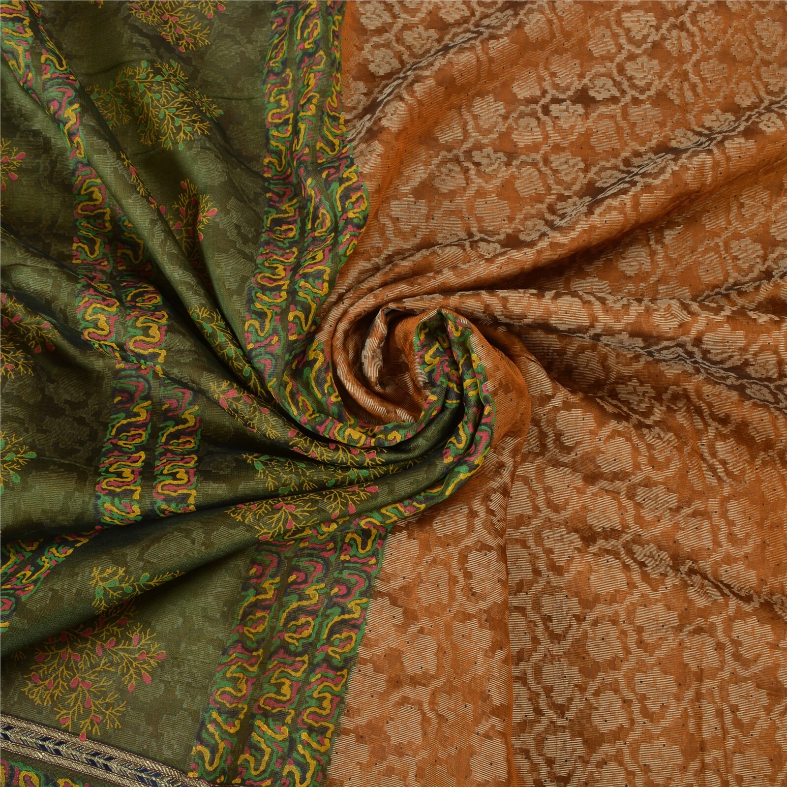 Sanskriti Vintage Orange/Green Sarees Pure Silk Woven Brocade Zari Sari Fabric