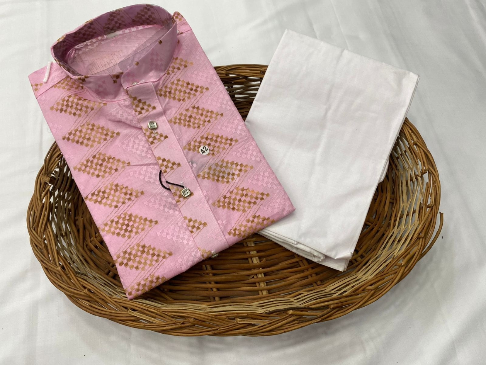 Men’s Light Pink Embroidered Kurta Pyjama Set Ethnic Festive Wear Traditional