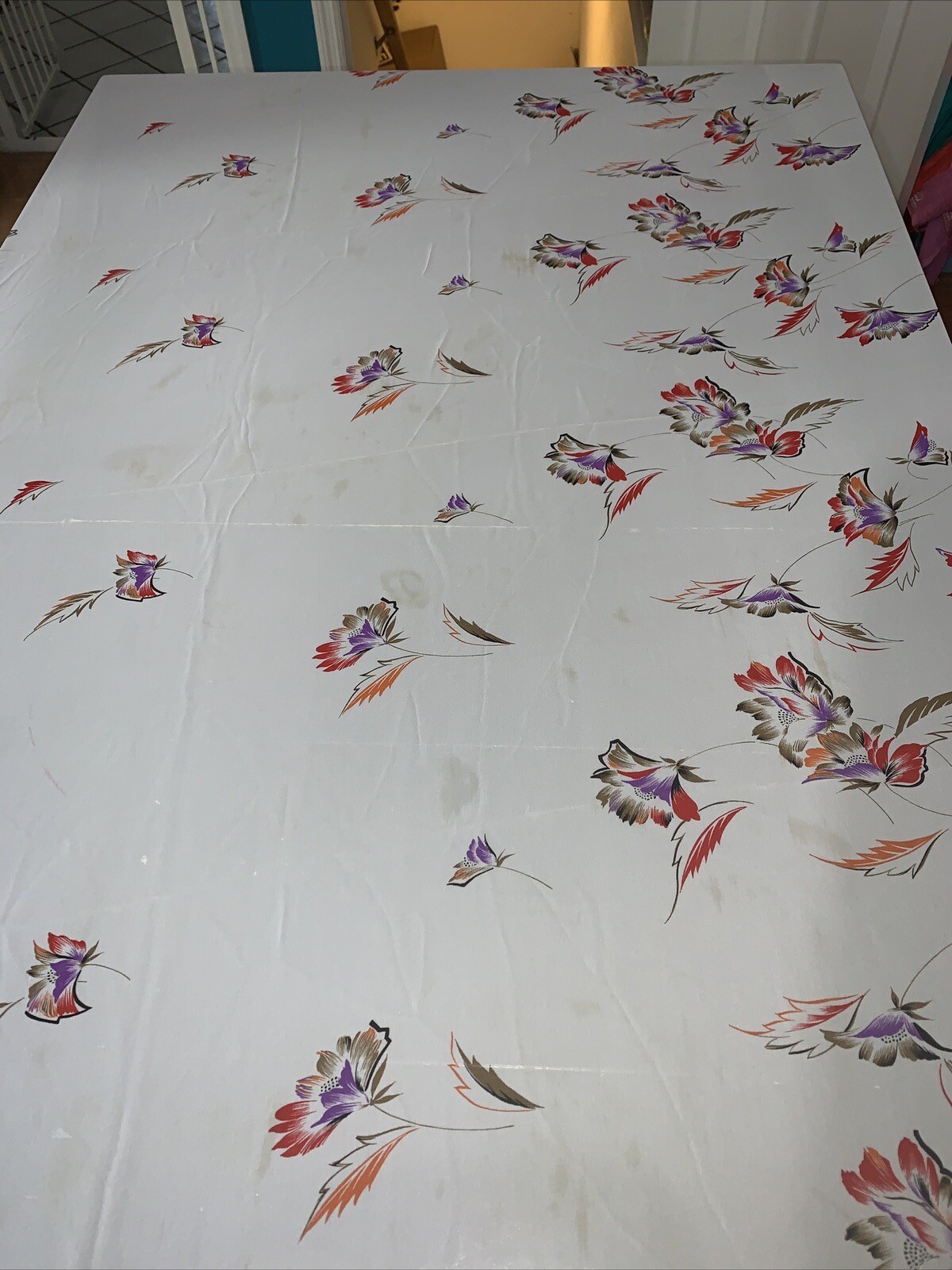 Vintage Floral Sari Fabric White W/ Multi Color Flowers 6 Yds. Royal Ruby Japan