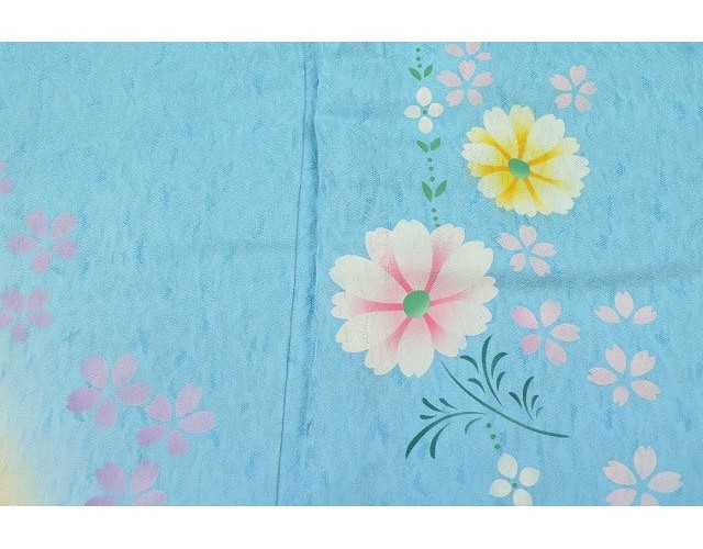 Vintage Kimono Furisode | Light Blue Silk Floral Pattern | Tall Size rr0298b
