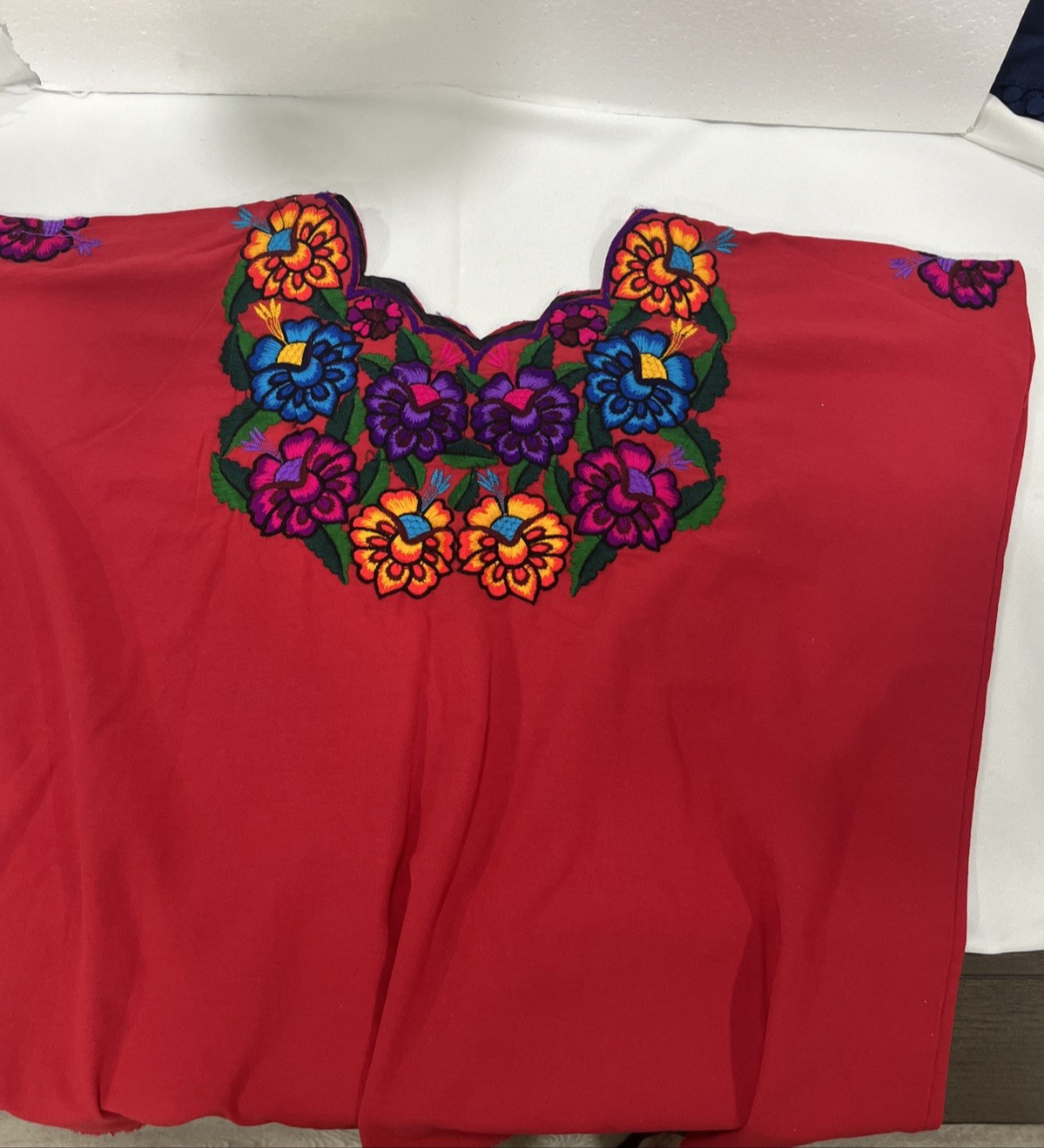 Mexican Blouse Very Large Red Embroidered Floral Hand Stitched-READ