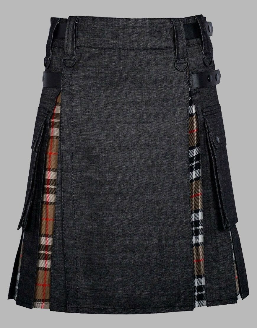 Black Denim Hybrid Scottish Utility Tartan Kilt with Adjustable Strap.