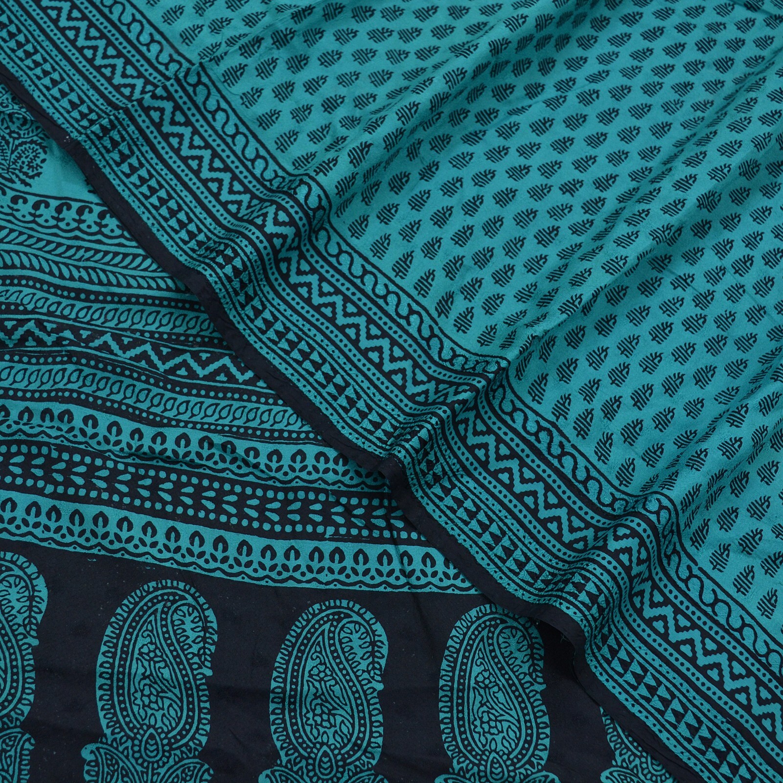 Indian Vintage Green & Black Sarees Hand Block Printed Sari Pure Silk Fabric 5yd