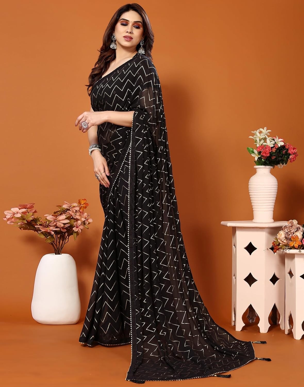 Women’s Foil Printed Georgette Saree with Unstitched Blouse Piece