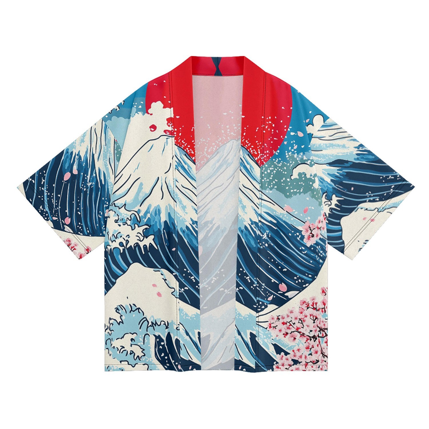 Niepce Men’s Japanese Graphic Lightweight Fuji Waves Kimono Cardigan Shirt Top