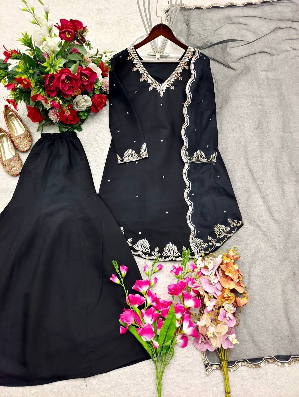 Stunning Black Roman Silk Top Palazzo With Dupatta For Women Party Wear