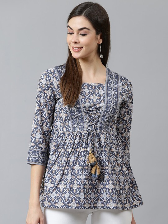 Beautiful Navy Blue Geometric Printed Pure Cotton Regular Top for Girls & Women