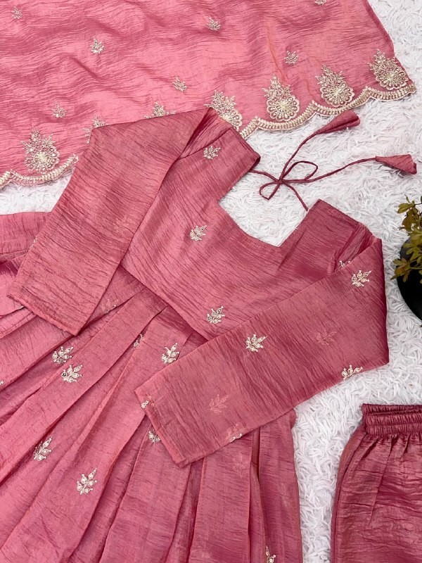 Latest New Gold Crush Silk Pink Gown Bottom With Dupatta For Indian Party Wear