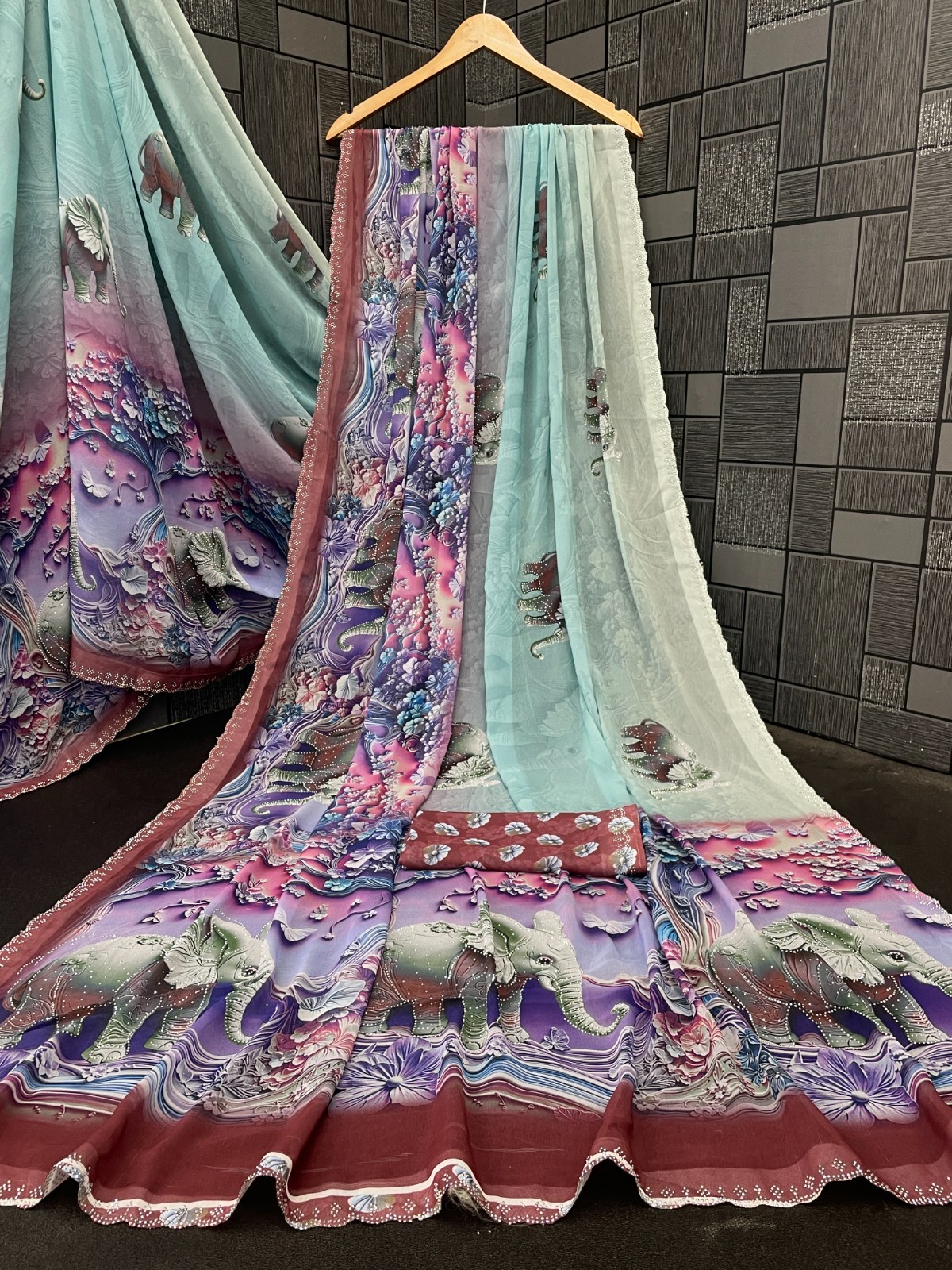 Women’s Maroon Weightless 3D Digital Elephant Print Swarovski Work Party Wear Sa