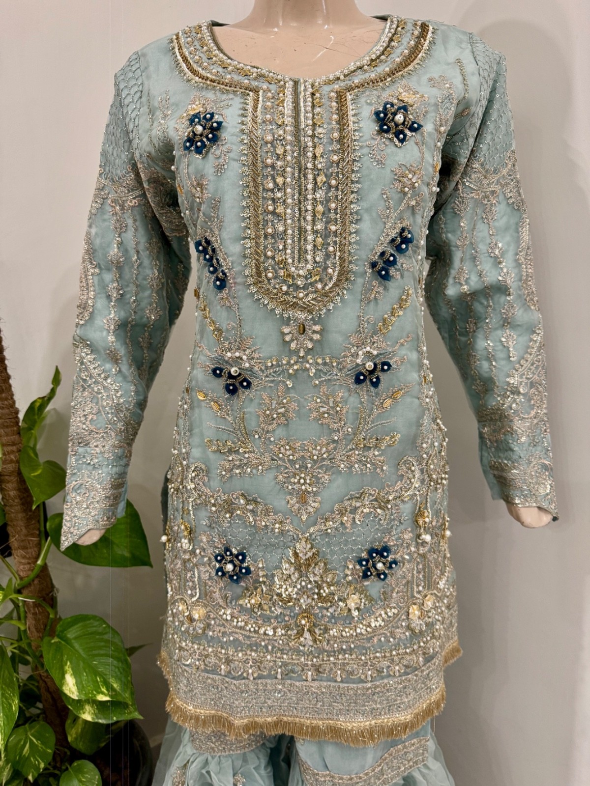 Pakistani Light Blue Straight Style Embroidered Sequins Organza Gharara Dress ,L