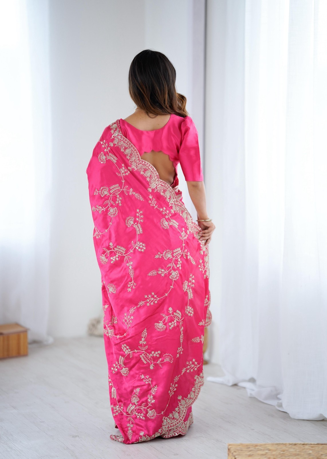 PINK COLOR JAPAN SATIN SILK CODING SEQUENCE EMBROIDERY WORK PARTY WEAR SAREE TOP