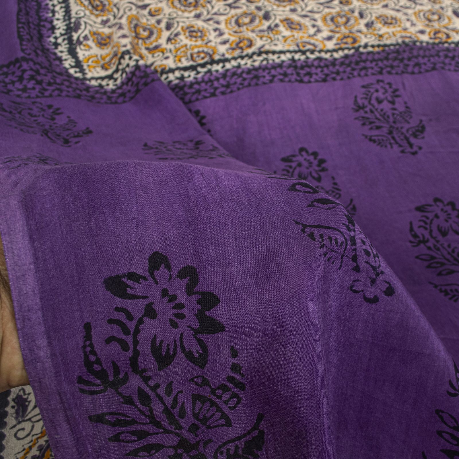 Sanskriti Vintage Saree Violet Pure Cotton Kalamkari Hand Block Print Sari 5.5Yd