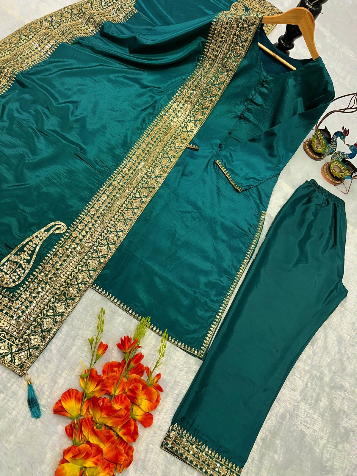 Presenting Heavy Silk Cream Top Palazzo With Dupatta For Functional Wear