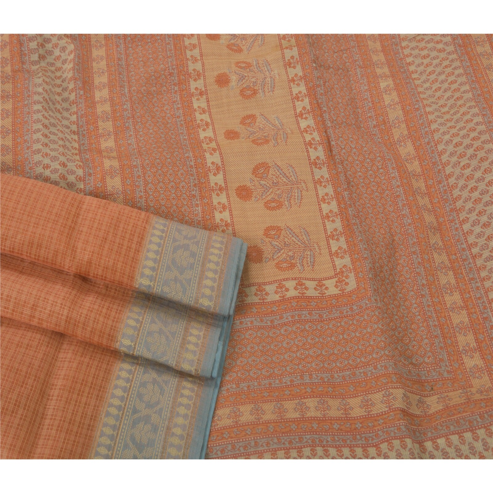 Sanskriti Vintage Peach Sarees Blend Silk Printed Craft 5 Yd Fabric Kota Sari