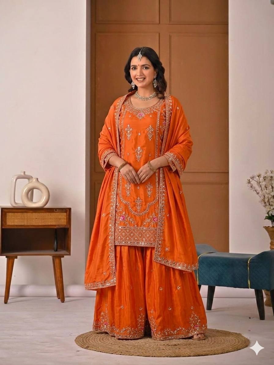 Attractive Look Natural Crep Orange Kurta Palazzo With Dupatta For Wedding Wear
