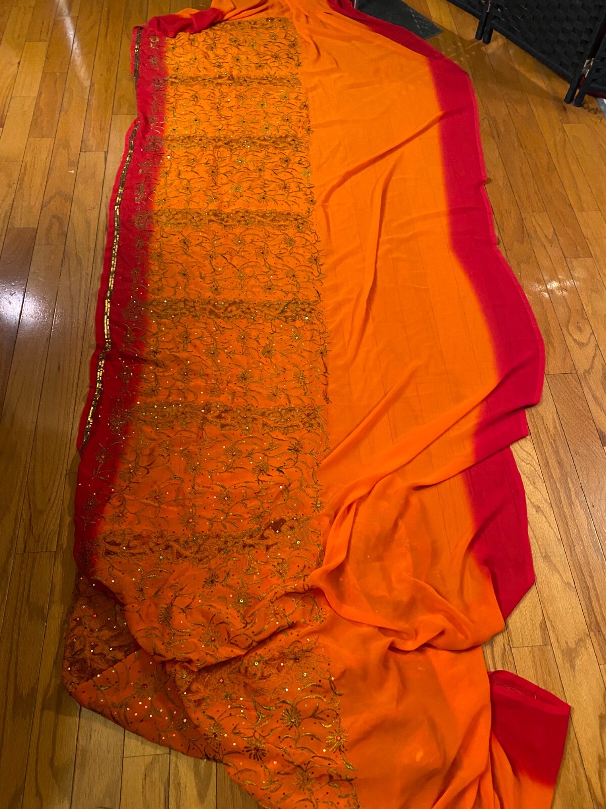 Vintage SARI Wrap ORANGE SHeer Chiffon Embroidery SEQUIN Fabric 6 yds 45″ Red