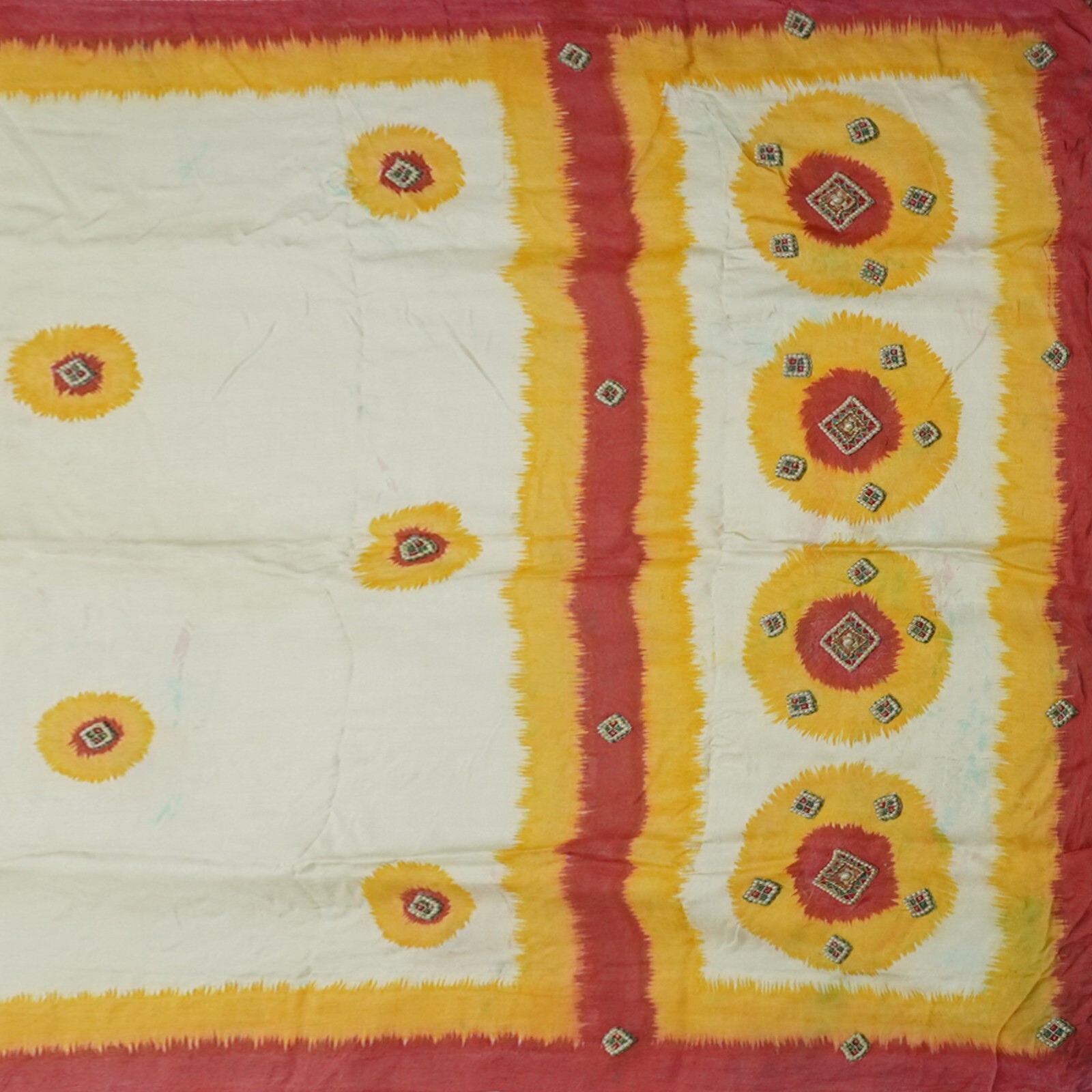 Vintage Off-White Sarees 100% Pure Silk Hand Embroidered Sari 5YD Craft Fabric