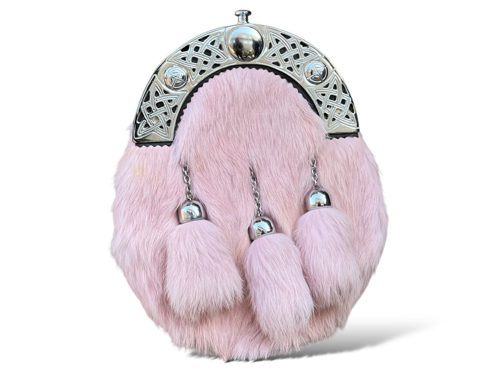 Men’s Scottish Baby Pink Fur Sporran 3 Tassels Kilt Sporran With Chain Belt