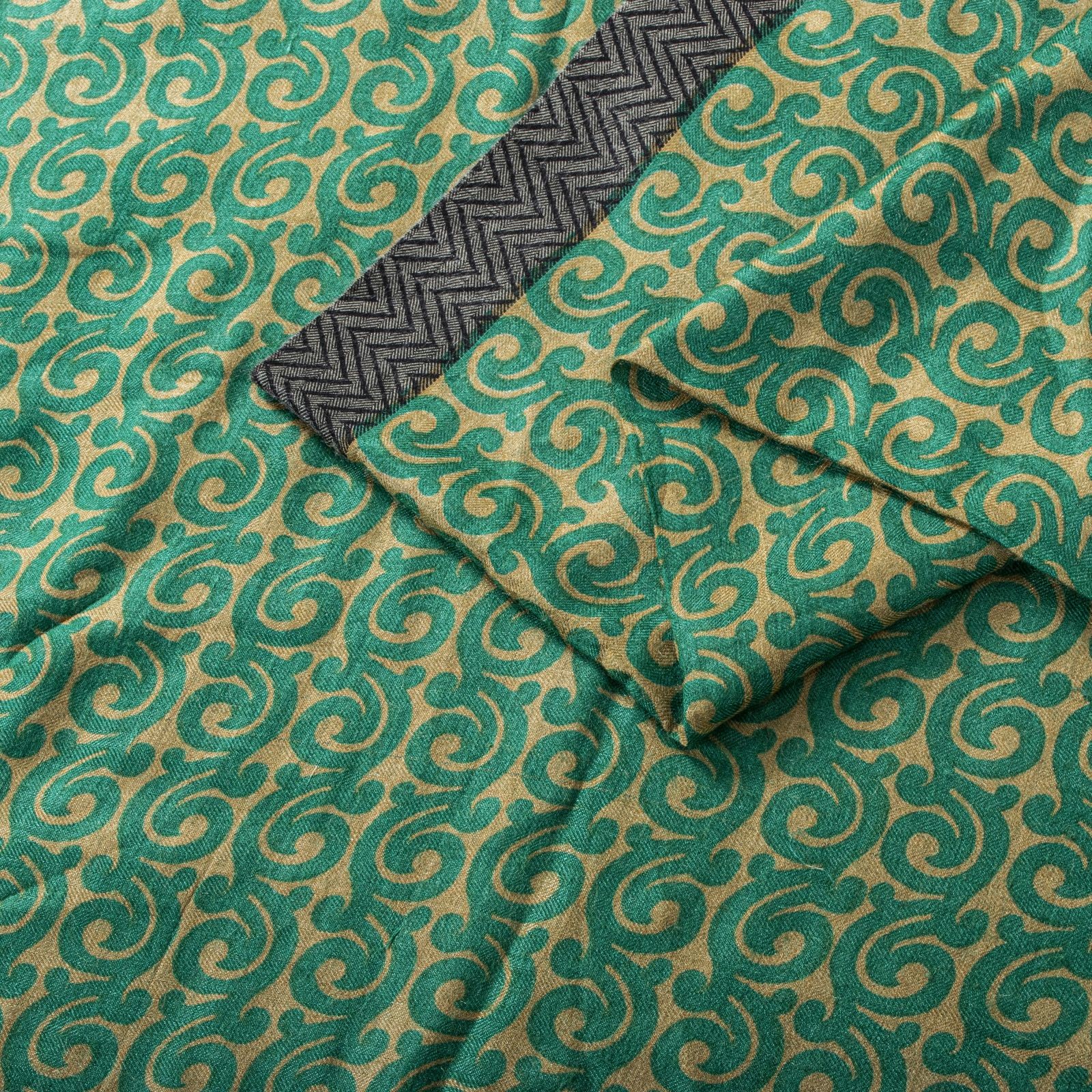 Sanskriti Vintage Green Pure Woolen Saree Spiral Print Sari Soft Craft 5Ydfabric